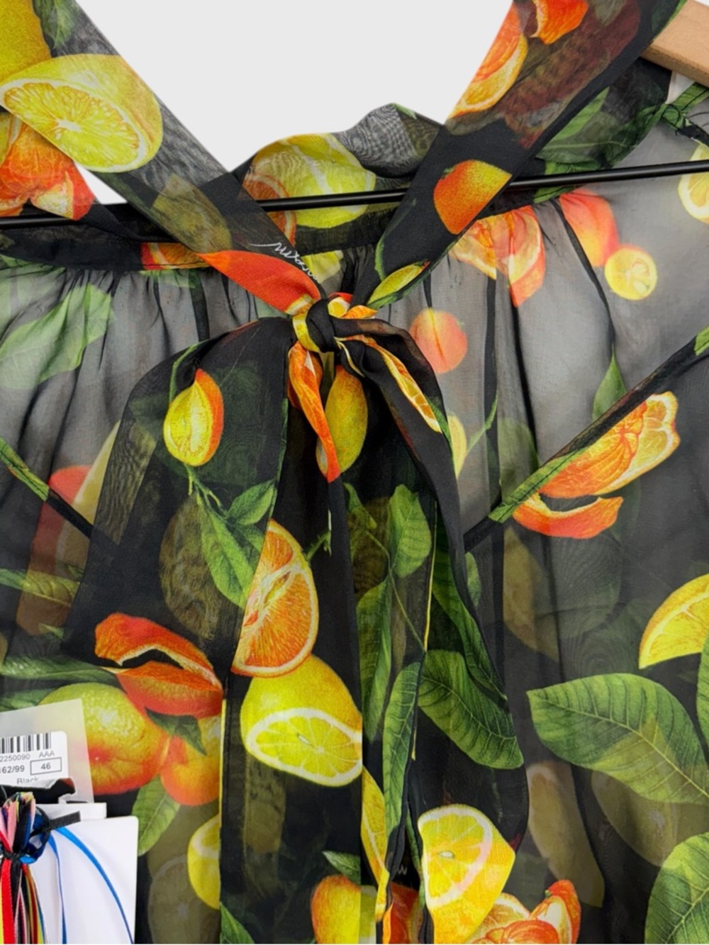MSGM NWT Black Multicolor Fruit Sheer Tie Front Blouse Size 46 - Picture 3 of 9